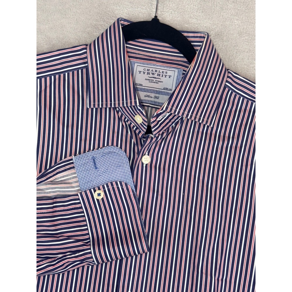 Charles Tyrwhitt Slim Fit Mens Dress Shirt 16.5X34 Navy Red Stripe Cotton